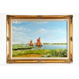 LEN BRIDGES, East Anglian, Oil on Canvas, entitled "Spiritsails Passing the Strand",