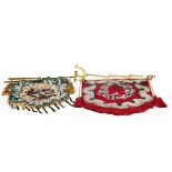 A VICTORIAN GREEN/CREAM FLORAL BEADWORK FIRESCREEN BANNER with brass pivotting arm and clamp,