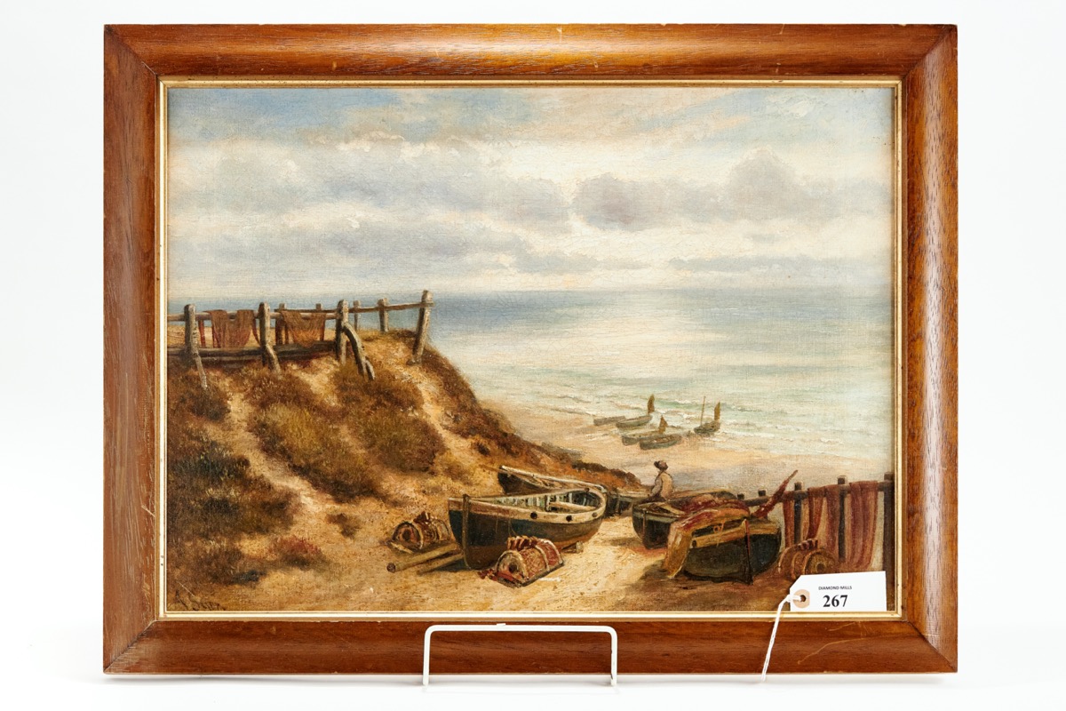 J SYER, 19TH/20TH CENTURY, BRITISH, Oil on Canvas, Coastal scene with boy and boats on the shore,