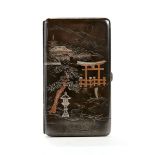 A GOOD JAPANESE RECTANGULAR MIXED-METAL CIGARETTE CASE with pagoda, pine trees & lanterns,