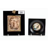 A LATE 18TH CENTURY MEZZOTINT, classical scene in a papier-mache frame, image 9cm x 7.