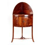 A GEORGE III MAHOGANY CORNER WASHSTAND, the splashback above a pair of double doors,