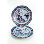 AN 18TH CENTURY CHINESE OCTAGONAL PORCELAIN PLATE decorated with a landscape in polychrome colours,