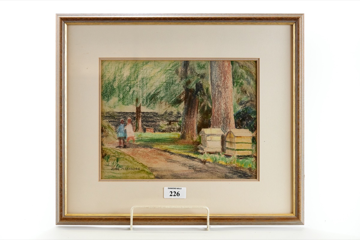 JEAN DRYDEN ALEXANDER, 1911-1994, PASTEL SUMMER EVENING BEEHIVES, signed, dated version 1939,