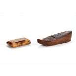 AN EARLY 19TH CENTURY CARVED WOODEN SHOE FORM SNUFF BOX with nicely carved design and heart/diamond