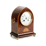 AN EDWARDIAN INLAID MAHOGANY LANCET-CASED MANTLE CLOCK,