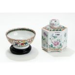 A CHINESE PORCELAIN POLYCHROME DECORATED TEA CANISTER & COVER of canted rectangular form with