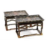 A NEAR PAIR OF VINTAGE HARD-PAINTED CHINESE BLACK LACQUERED TABLES with shaped pierced friezes and