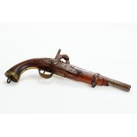 A 19TH CENTURY PERCUSSION PISTOL, brass trigger guard & pommel, barrel length 23cms,