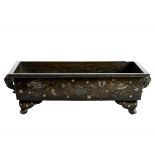 A 19TH CENTURY ORIENTAL RECTANGULAR BRONZE PLANTER inlaid in silver/gold coloured metal with