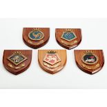 FIVE SHIELD SHAPED WALL PLAQUES for Valiant, Adventure, Ramilles, Dorsetshire & Sheffield. (5).