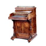 A VICTORIAN FIGURED INLAID WALNUT PIANO FRONTED DAVENPORT,