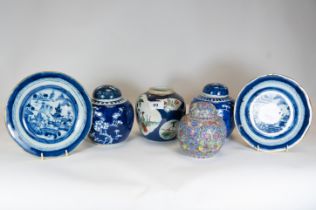 A pair of early 20th century Chinese blue & white porcelain hawthorn pattern ginger jars & covers,
