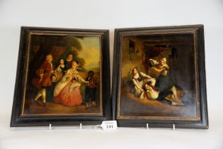 A fine pair of 19th century oils on metal panels, one depicting a family attended by a young black