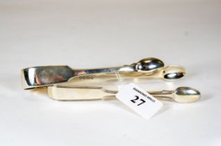 A pair of William IV silver fiddle & thread pattern sugar tongs, maker:- MC, London 1836/7, and a