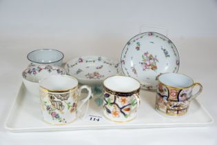 Three early 19th century Coalport porcelain coffee cans circa 1820/30, a monochrome printed teabowl,