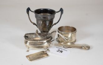 A small silver double-handled trophy cup, Birm' 1969, a silver mustard pot & cover, a silver
