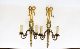 A pair of vintage Ormolu & gilt brass twin branch wall sconces, of Neo Classical design, inset