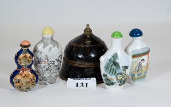 Three Chinese porcelain hand-painted snuff bottles & stoppers, a Canton enamel double-gourd shaped