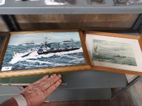 Paintings two WW2 era boat scenes quite well executed £45 - £50