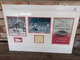 Football interest a mounted display with signatures of Pat Crerand , Bobby Charlton , and Denis