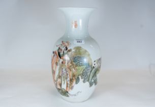A large mid 20th century Chinese porcelain vase decorated in polychrome colours with three