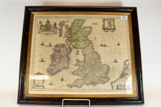 An 18th century hand-coloured map of Great Britain, of Dutch origin, 45cms x 56cms in a walnut
