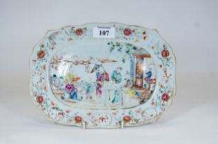 A late 18th century Chinese porcelain plate of rectangular shaped outline, polychrome decorated with