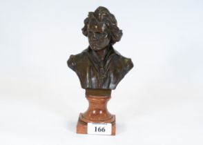 H. Mueller, 20th century bronze bust of Beethoven, brown patination, on a marble base, signed