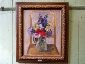 Kershaw Schofield, 1875 - 1941, oil on canvas, still life of flowers in a glass jug, signed 54cms