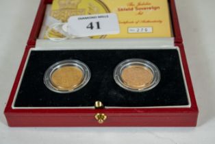 A Jubilee two shield sovereign coin set, 1866 & 2002, approx 15.9 grams, boxed with certificate,