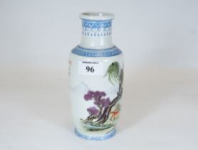 A Chinese porcelain Rouleau vase decorated in polychrome enamels with playful horses in a
