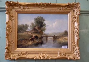 A Vickers, 19th century oil on canvas, landscape with cattle & figures, signed & dated, 27cms x