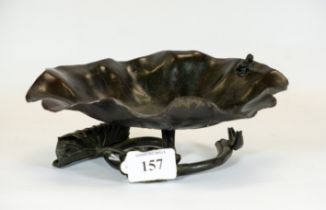 A 19th century Oriental bronze bowl of lily pad design with small frog to rim, the base formed of