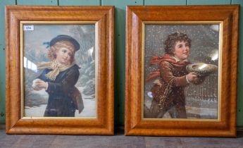 A pair of 19th century coloured prints depicting a young girl & boy playing in the snow, 35cms x