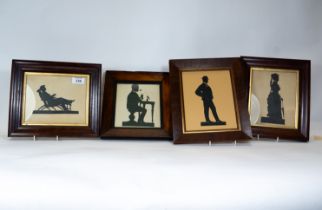 Three various silhouettes depicting a man on a daybed, a man seated at a table & a lady standing