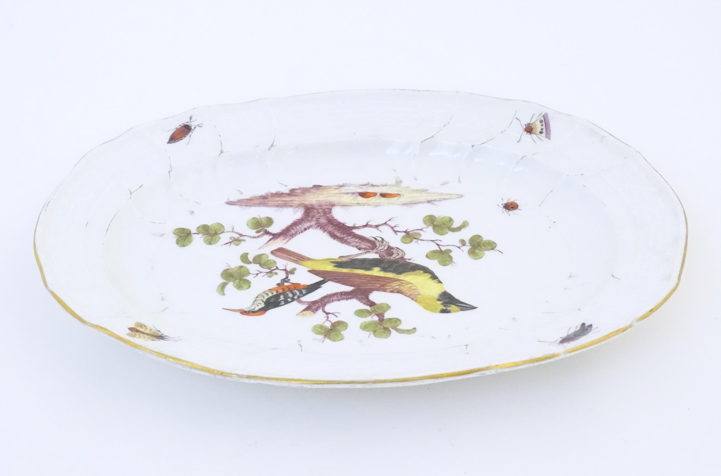 A Meissen style plate of oval form with bird decoration to centre and insect detail to border. - Image 2 of 5