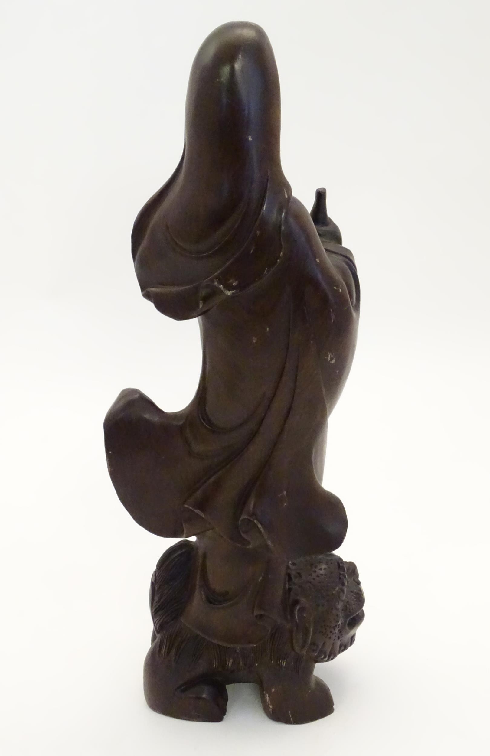 A Chinese carved hardwood model of Guanyin, Bodhisattva of Compassion, holding a bottle and standing - Image 5 of 6