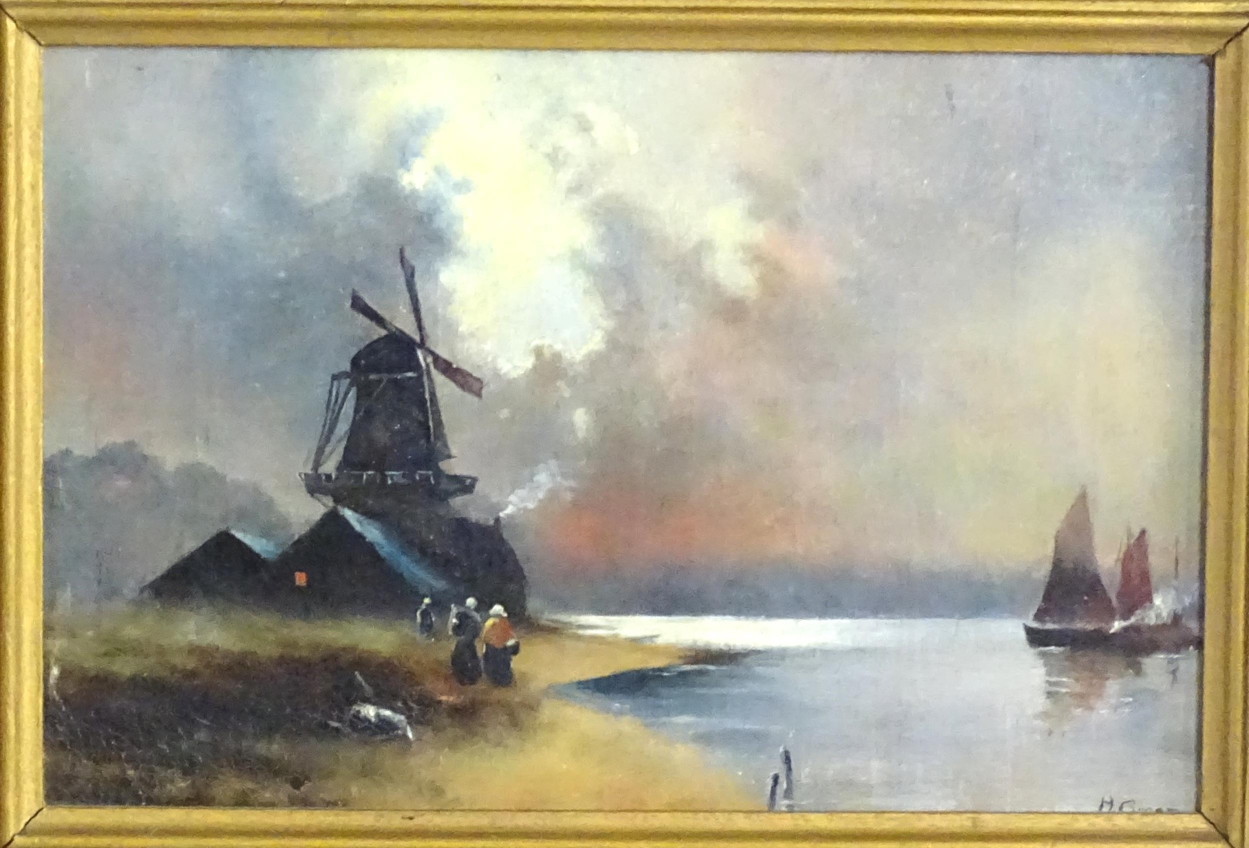 H. Groom, Late 19th century, Dutch School, Oil on canvas, A lake scene with figures walking - Image 3 of 4