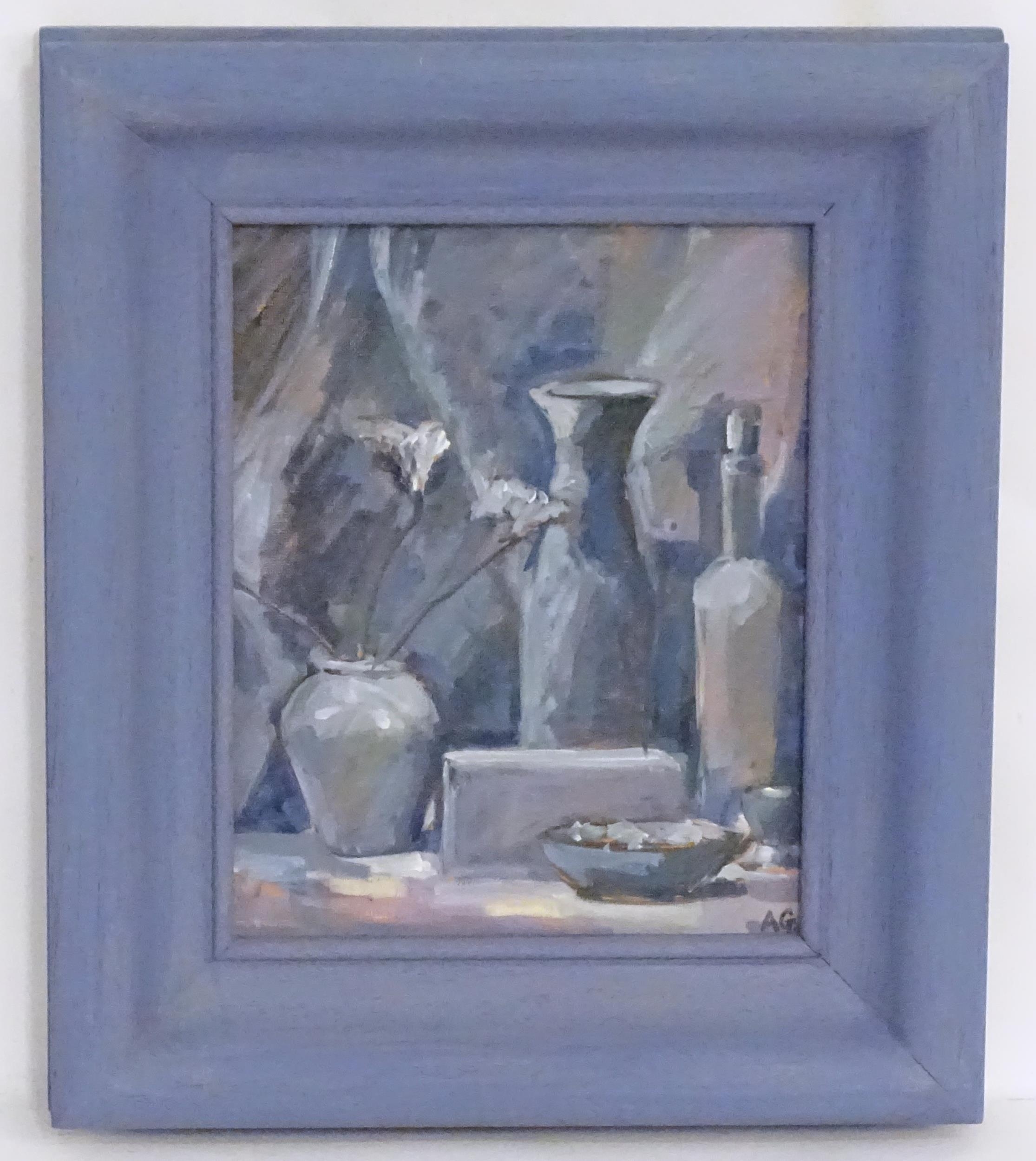 Annette Griffiths, 20th century, Oil on canvas board, Still life study in blue, with flowers, vases,