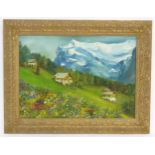 S. G., 20th century, Oil on canvas board, Alpine village landscape with snow covered mountains and
