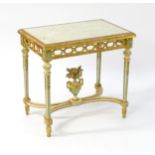 A Louis XVI style marble topped table, with a moulded surround above a pierced frieze raised on four