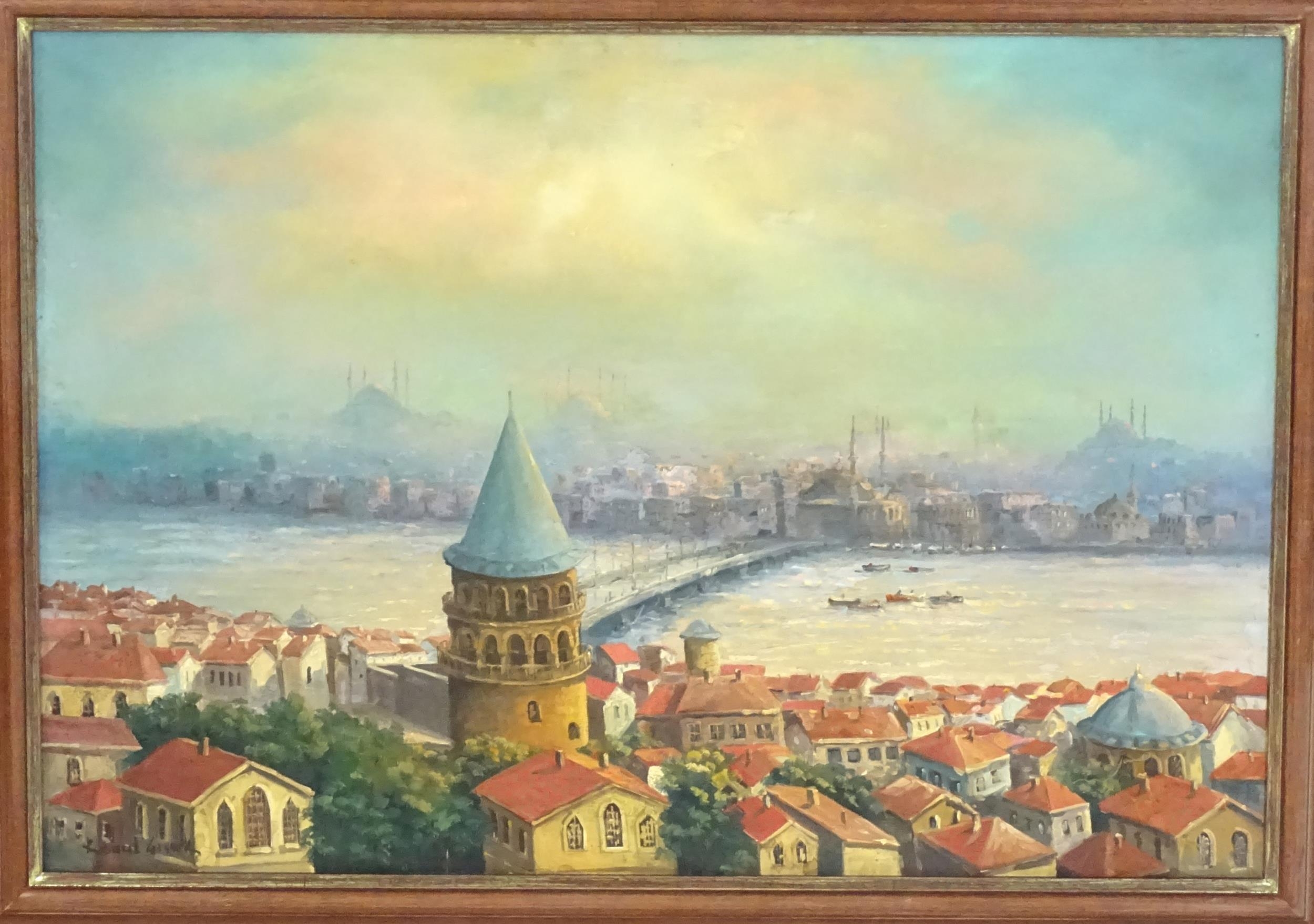 20th century, Oil on canvas, A view of the Galata bridge and tower over the river Bosphorus in - Image 3 of 4