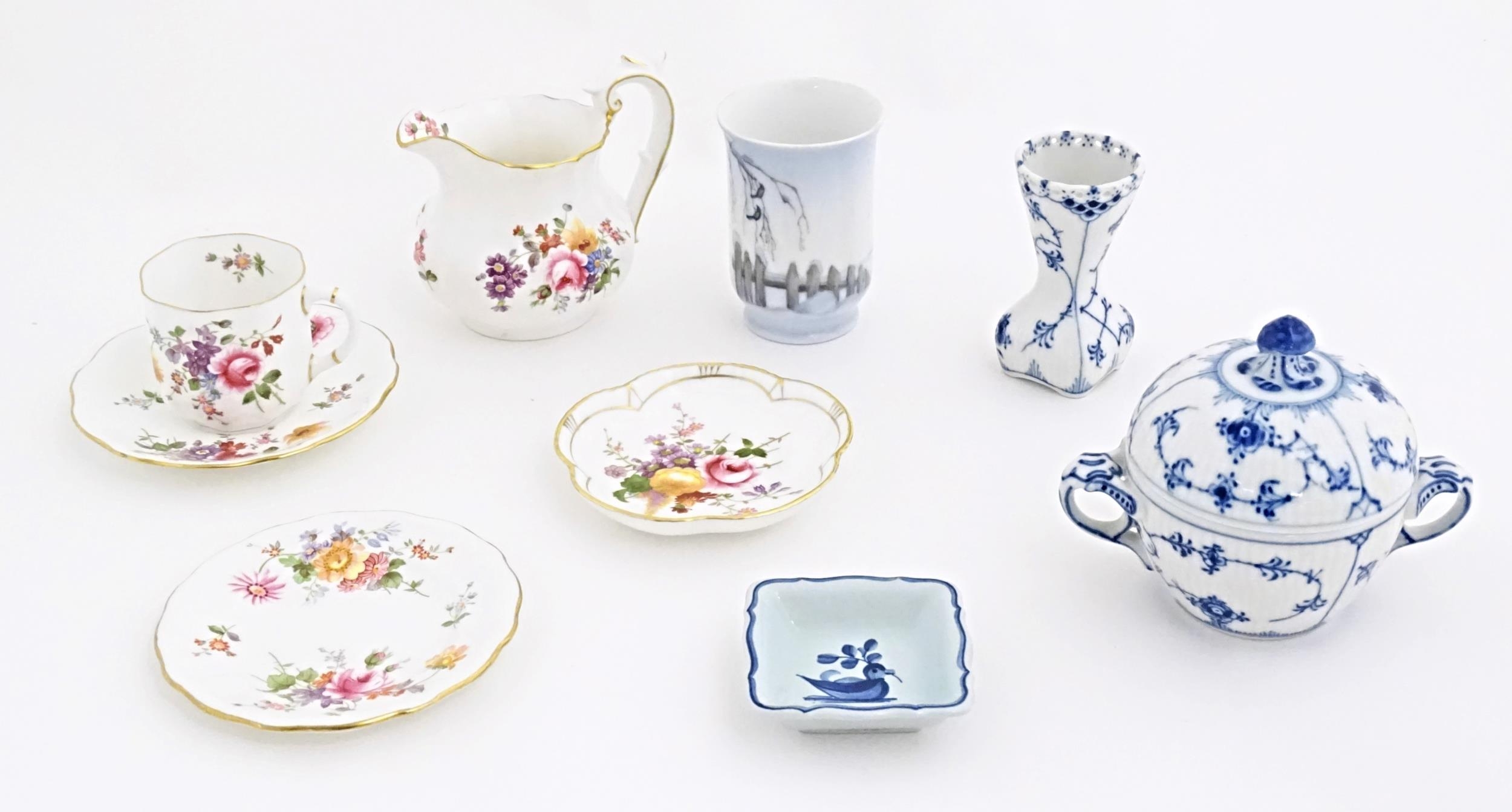 Five items of Royal Crown Derby in the Derby Posies pattern to include jug, tea cup and saucer, etc.