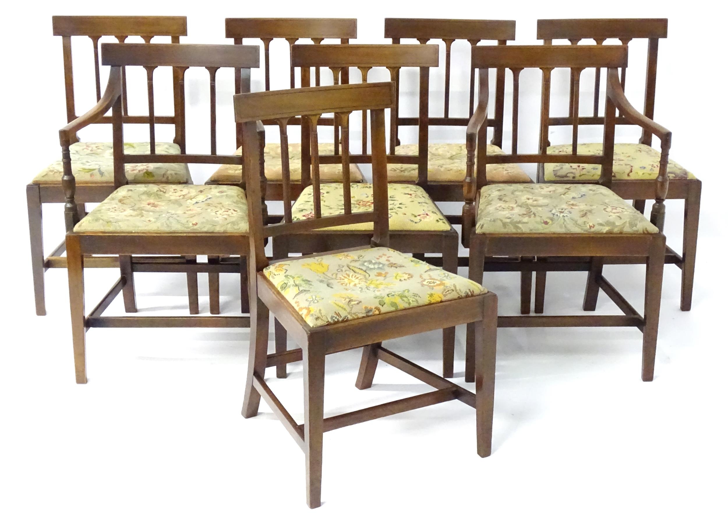 A set of eight Georgian mahogany dining chairs, having inlaid top rails above reeded back splats and - Image 9 of 12