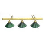 20thC snooker / billiard table lights, the brass fitting with three downlighters, green & white