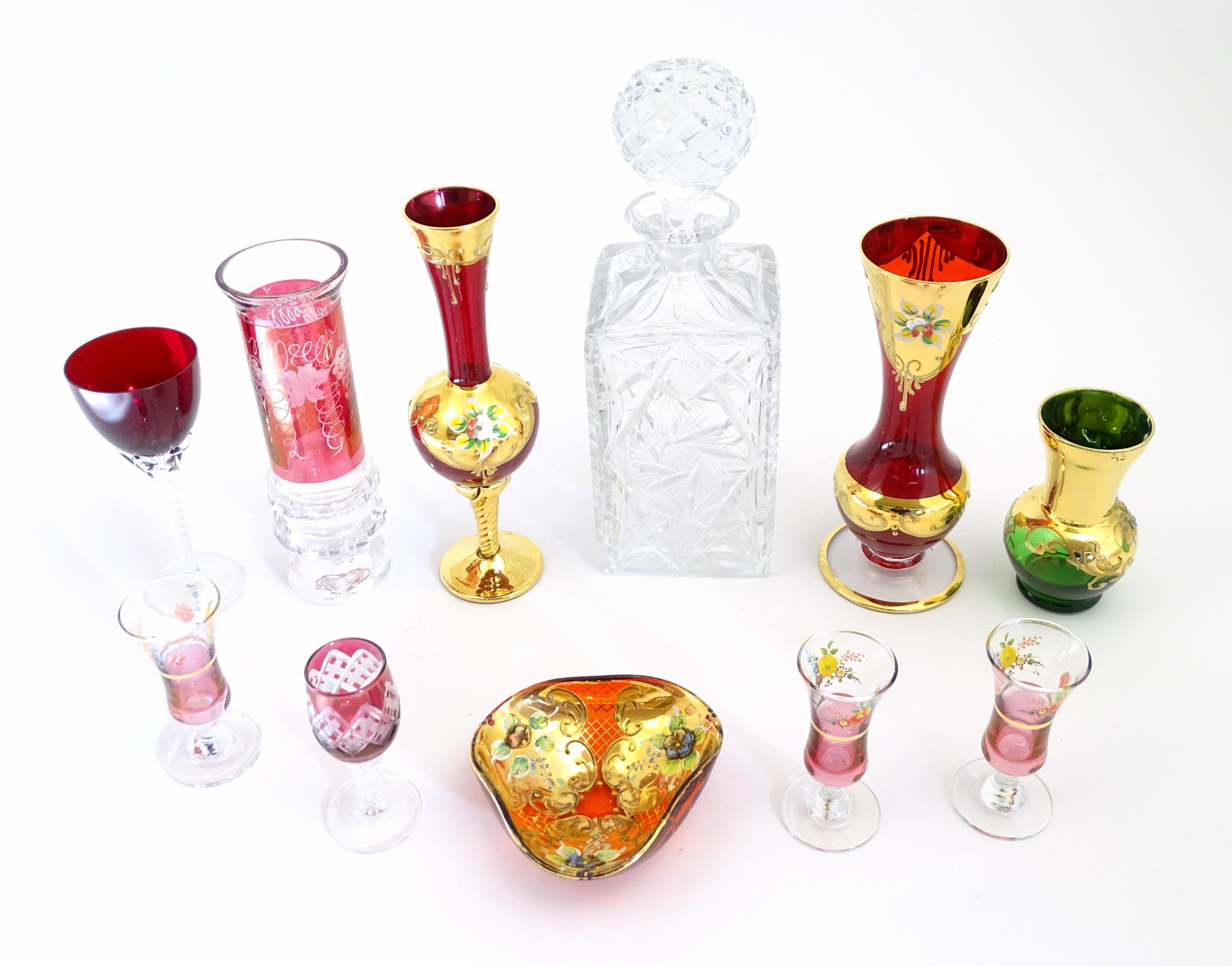A quantity of assorted glassware to include a cut crystal decanter together with various items of