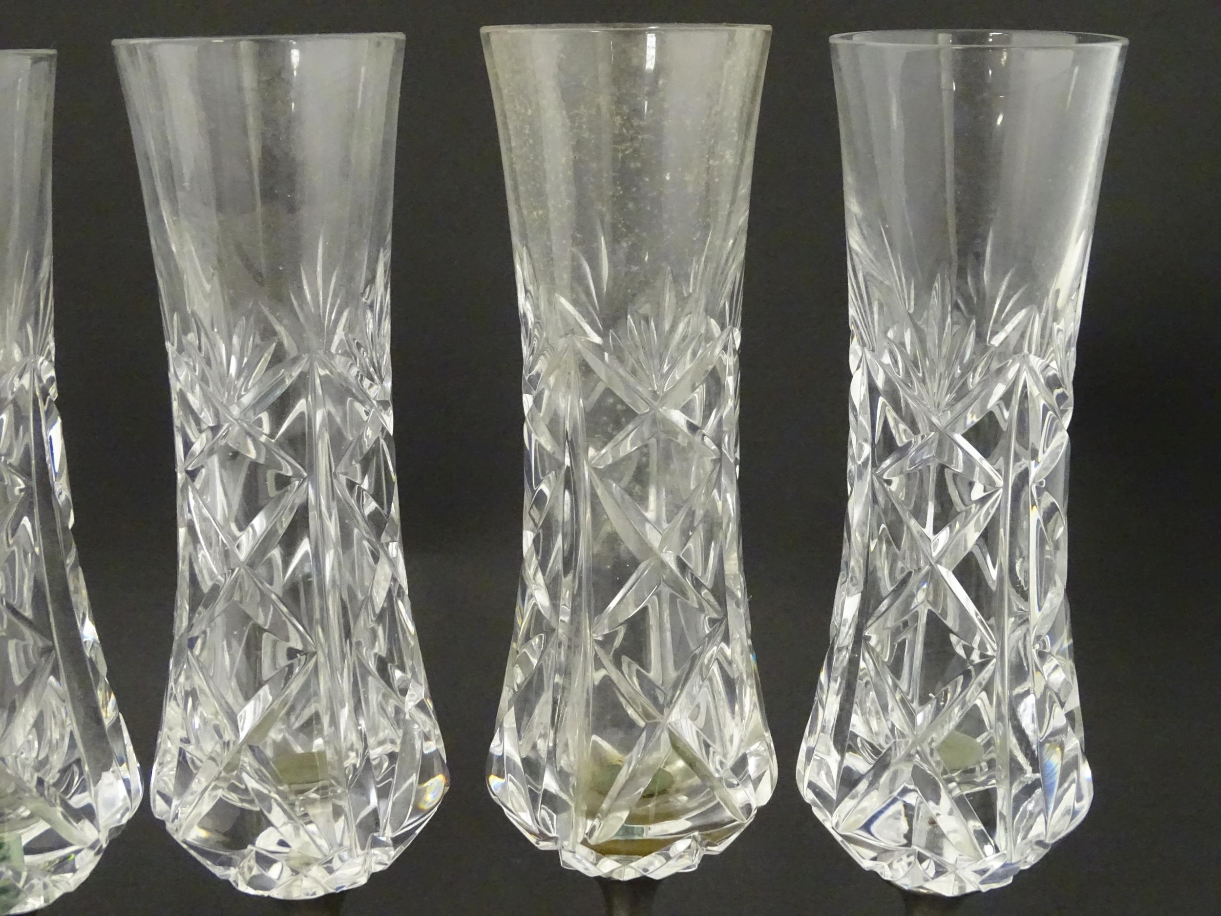 A set of six Italian cut glass champagne flutes raised on pewter stem and foot. Approx 11" high ( - Image 5 of 8