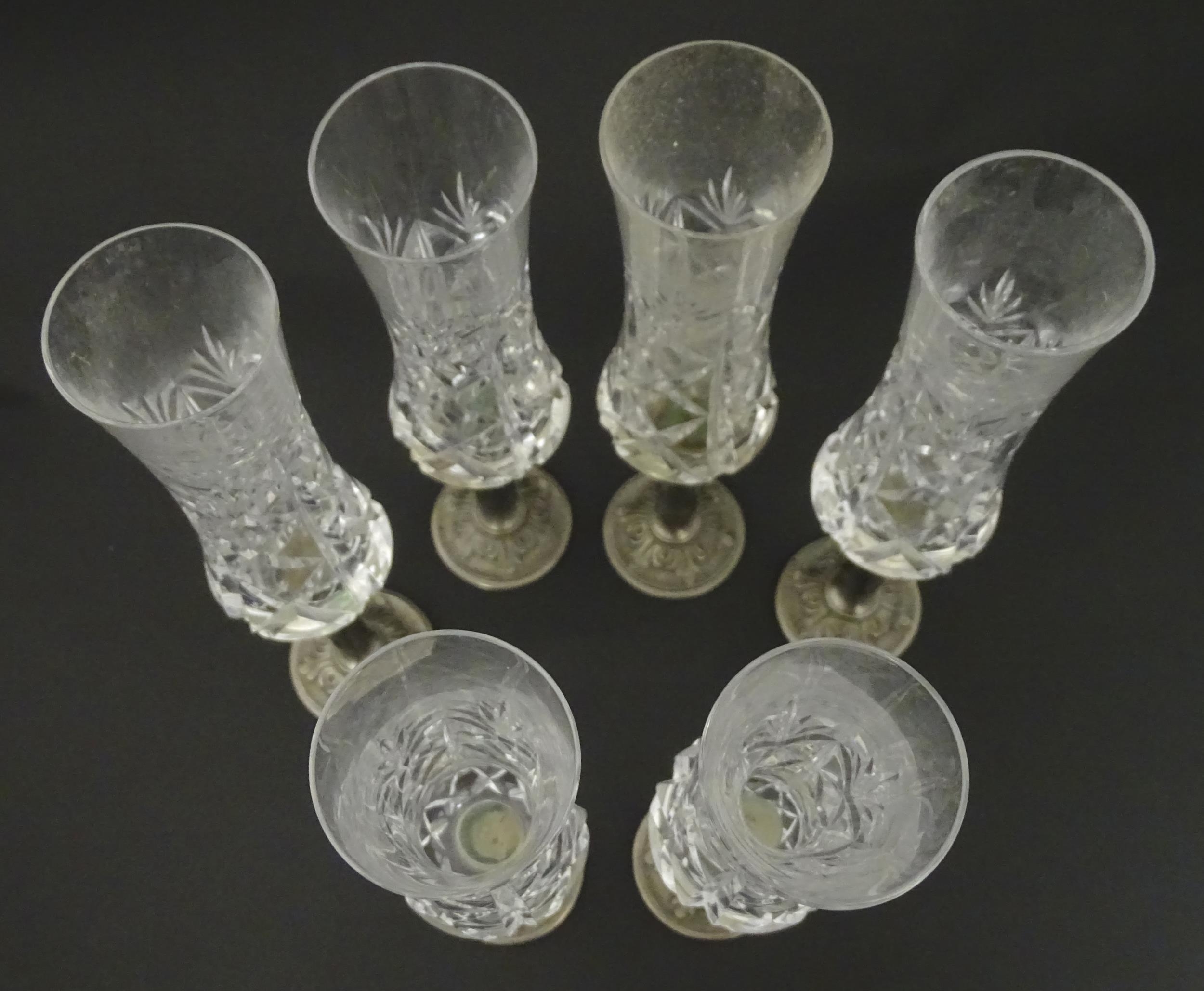 A set of six Italian cut glass champagne flutes raised on pewter stem and foot. Approx 11" high ( - Image 7 of 8