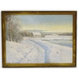 20th century, Scandinavian School, Oil on canvas, A winter landscape with snow covered houses by a